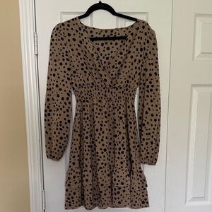 SHEIN Brown Long Sleeve Dress with Black Dots